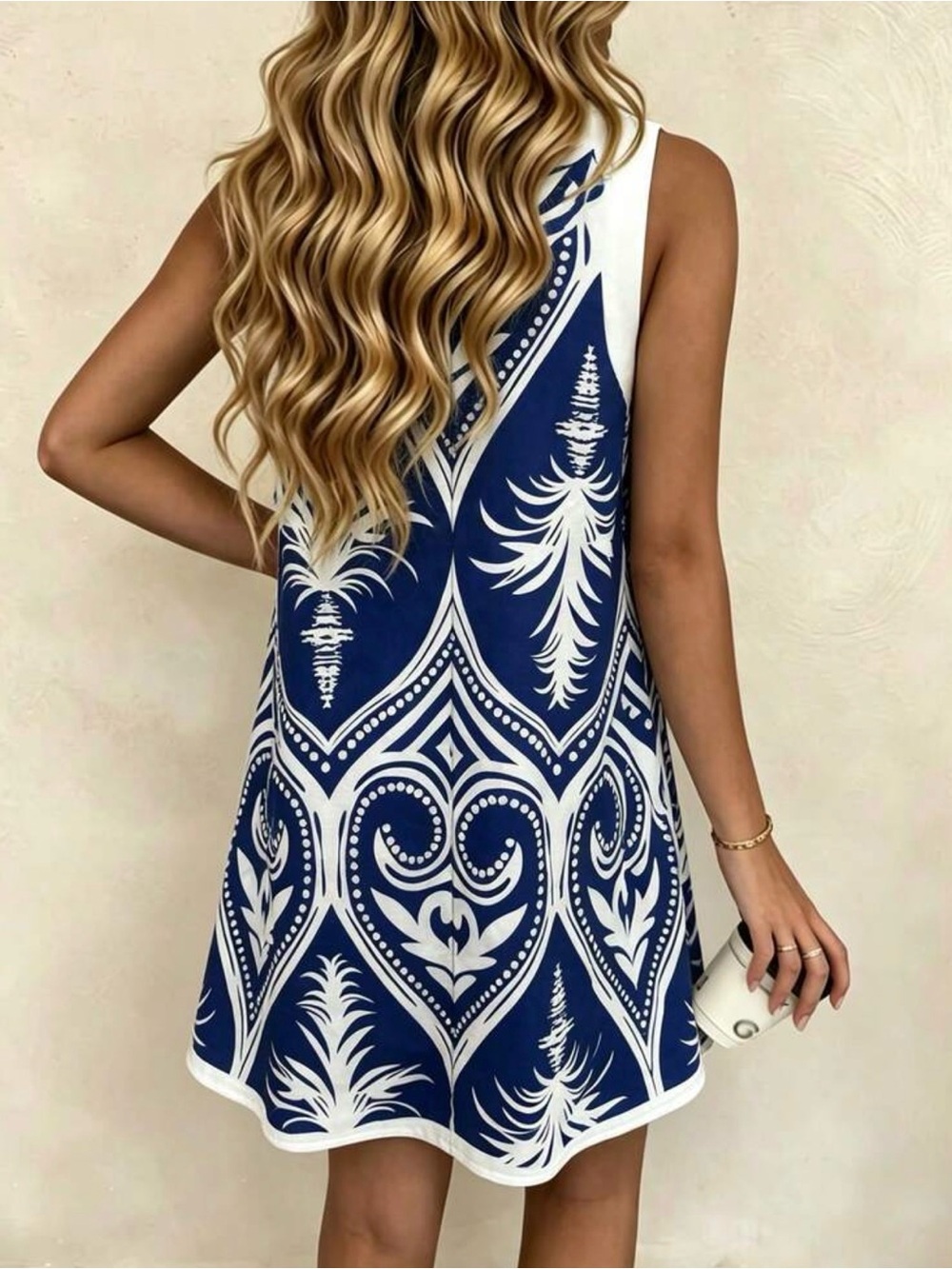 Navy & White Printed Sleeveless Mini Dress - Picture 3 of 3